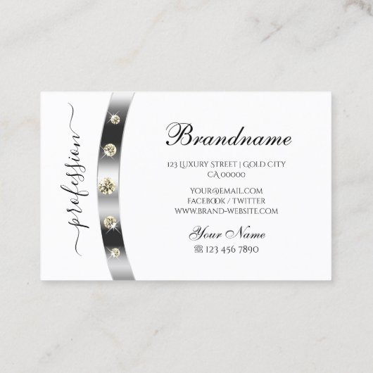 Elegant White en Silver met Monogram Diamonds Visitekaartje (Achterkant)