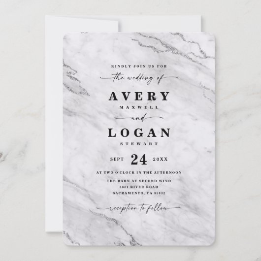 Elegant White en Silver Metallic Marble Wedding Kaart (Voorkant)