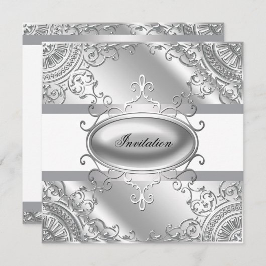 Elegant White en Silver Party Invitation Sjabloon Kaart (Voorkant / Achterkant)