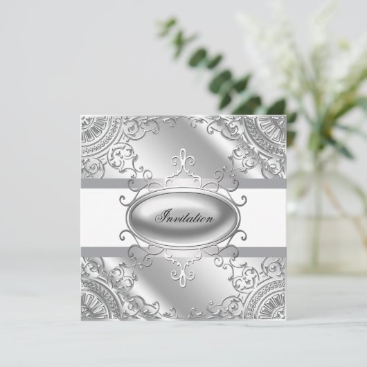 Elegant White en Silver Party Invitation Sjabloon Kaart (Staand voorkant)