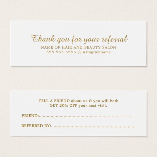 Elegant White Faux Gold Beauty Salon Referral Kaar Mini Visitekaartjes (Voorkant /achterkant)