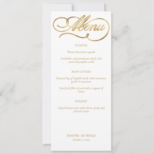 Elegant White & Faux Gold Calligraphy Wedding Menu Kaart (Voorkant)