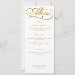 Elegant White & Faux Gold Calligraphy Wedding Menu Kaart