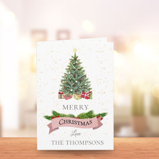 Elegant White Faux Pink Glitter Merry Kerstmis Notitiekaartje
