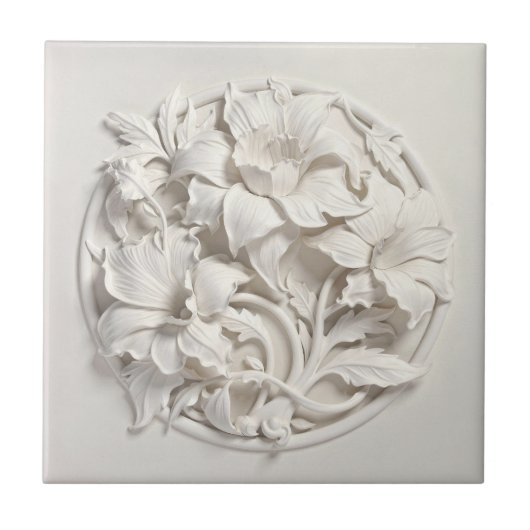 Elegant White Faux Relief Flowers Tegeltje (Voorkant)