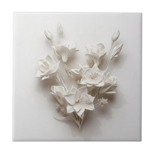 Elegant White Faux Relief Flowers Tegeltje (Voorkant)
