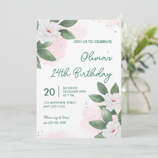 Elegant White Floral 24th Birthday Invitation Kaart