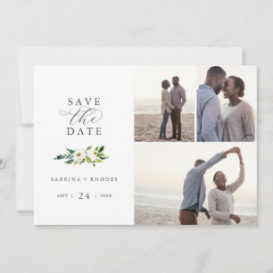 Elegant White Floral 3 Foto Collage Save the Date
