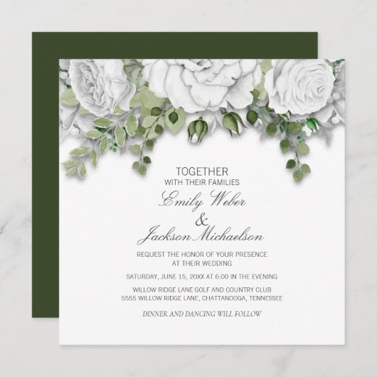 Elegant White Floral and Green Wedding Kaart (Voorkant / Achterkant)