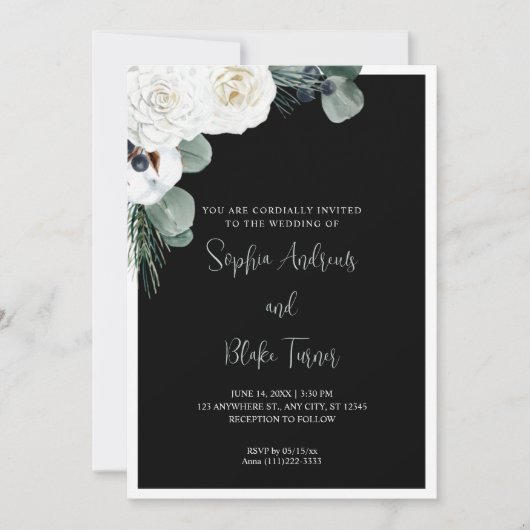 Elegant White Floral and Greenery Black Wedding Kaart (Voorkant)