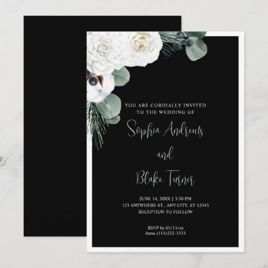 Elegant White Floral and Greenery Black Wedding Kaart (Voorkant / Achterkant)