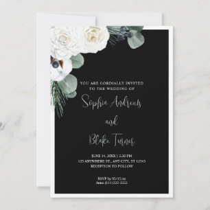 Elegant White Floral and Greenery Black Wedding Kaart