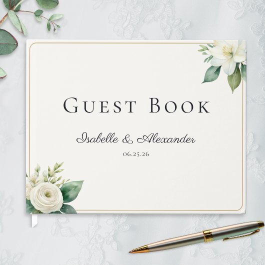 Elegant White Floral and Greenery Custom Wedding Gastenboek
