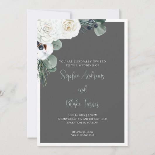 Elegant White Floral and Greenery Gray Wedding Kaart (Voorkant)