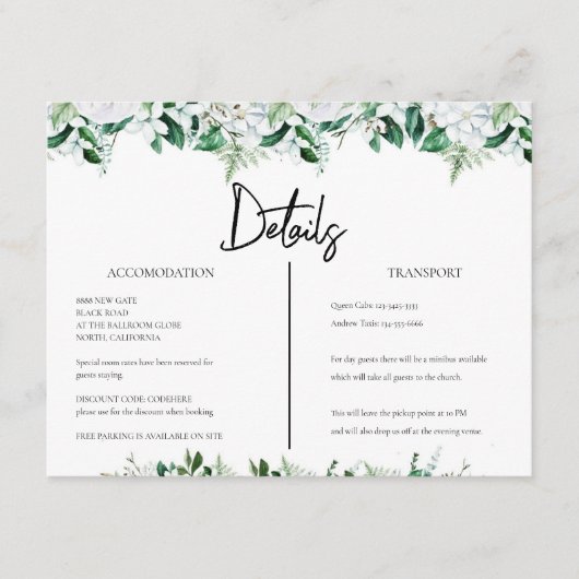 Elegant White Floral and Greenery Wedding Informatiekaartje (Voorkant)