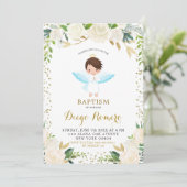 Elegant White Floral Angelic Boy Baptisme Kaart (Staand voorkant)