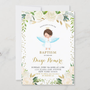 Elegant White Floral Angelic Boy Baptisme Kaart