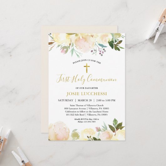 Elegant White Floral Baptism Communauté Invitation Kaart (Voorkant / Achterkant in situ)
