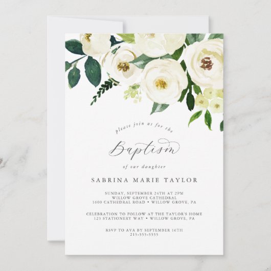 Elegant White Floral Baptisme Kaart (Voorkant)