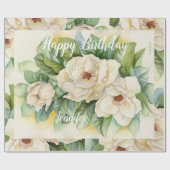 Elegant White Floral Birthday Name Script Cadeaupapier (Vlak)