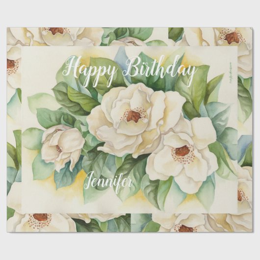 Elegant White Floral Birthday Name Script Cadeaupapier (Vlak)
