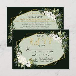 Elegant White Floral Black & Gold Geometric RSVP Kaartje
