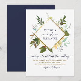 Elegant White Floral Blue Gold Foil Lijst Wedding Kaart
