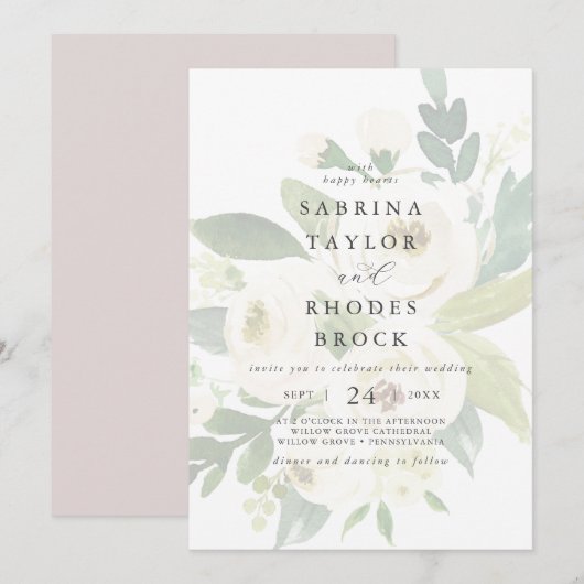 Elegant White Floral | Blush Mauve Faded Weddensch Kaart (Voorkant / Achterkant)
