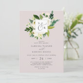 Elegant White Floral Blush Mauve Monogram Weddensc Kaart (Staand voorkant)