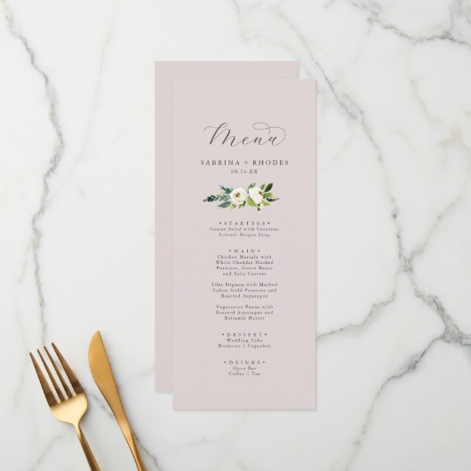 Elegant White Floral | Blush Mauve Weddenschap Menu (Voorkant / Achterkant in situ)