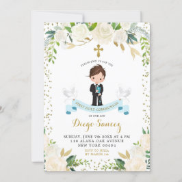 Elegant White Floral Boy First Heilige Communie Kaart