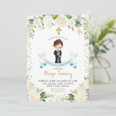 Elegant White Floral Boy First Heilige Communie Kaart (Staand voorkant)