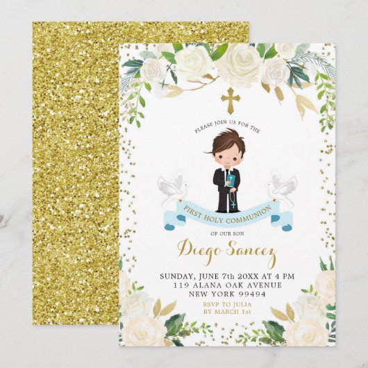 Elegant White Floral Boy First Heilige Communie Kaart (Voorkant / Achterkant)