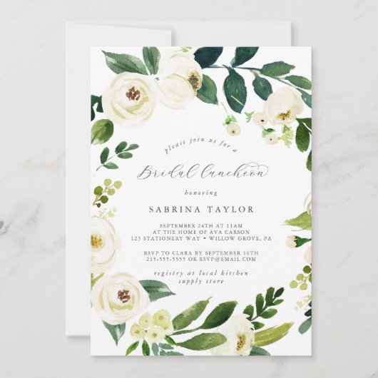 Elegant White Floral Bridal Luncheon Invitation Kaart (Voorkant)