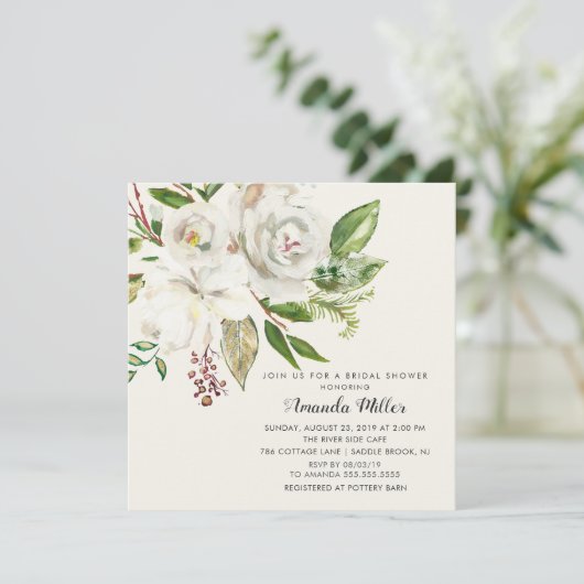 Elegant White Floral Bridal Shower Invitation Kaart (Staand voorkant)