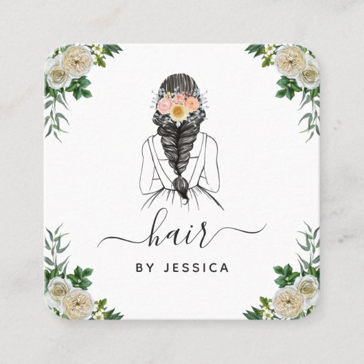 Elegant White Floral Bride Hairstyle Braid QR Code Vierkante Visitekaartje (Voorkant)