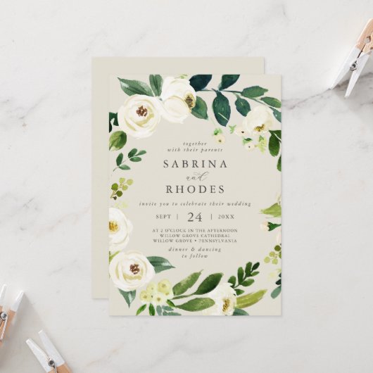 Elegant White Floral Champagne Front Back Wedding Kaart (Voorkant / Achterkant in situ)