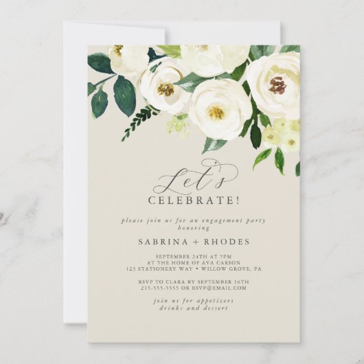 Elegant White Floral | Champagne Let's Celebrate Kaart (Voorkant)