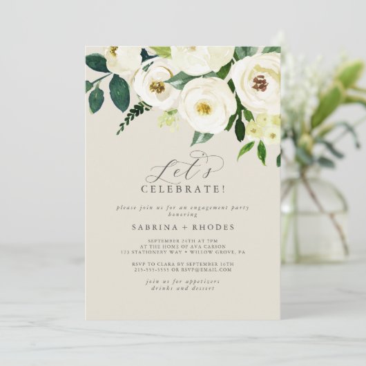 Elegant White Floral | Champagne Let's Celebrate Kaart (Staand voorkant)