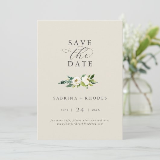 Elegant White Floral | Champagne Save the Date (Staand voorkant)