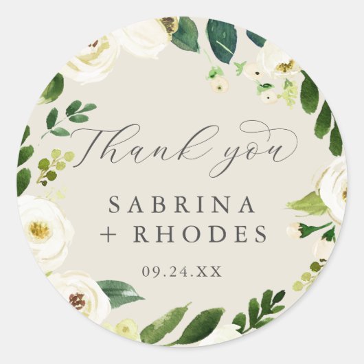 Elegant White Floral | Champagne Wedding Favor Ronde Sticker (Voorkant)
