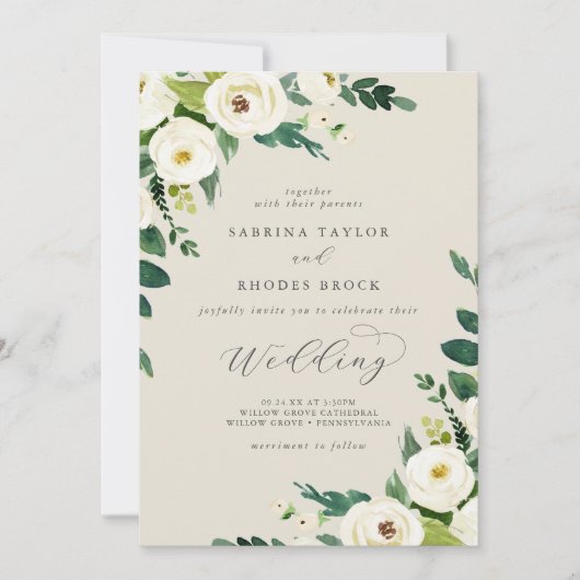 Elegant White Floral | Champagne Wedding Kaart (Voorkant)
