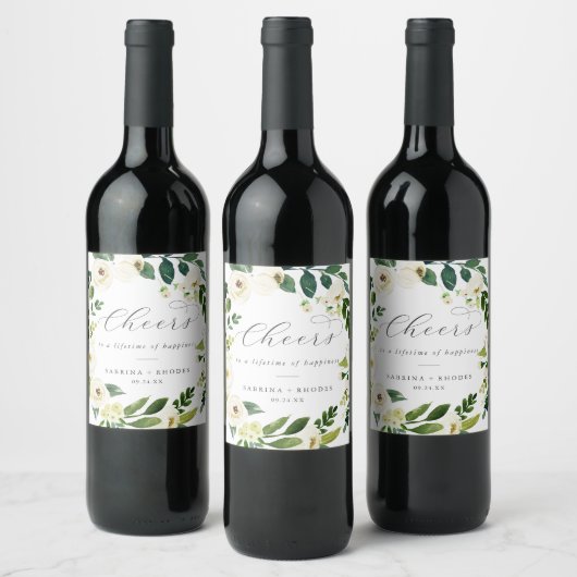 Elegant White Floral Cheers Wedding Wine Labels Wijn Etiket (Flessen)
