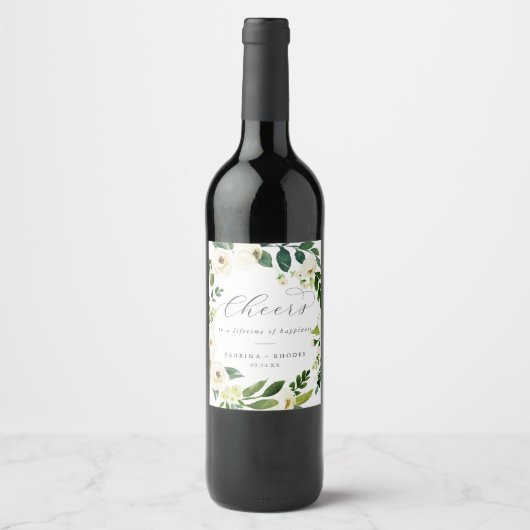 Elegant White Floral Cheers Wedding Wine Labels Wijn Etiket (Voorkant)