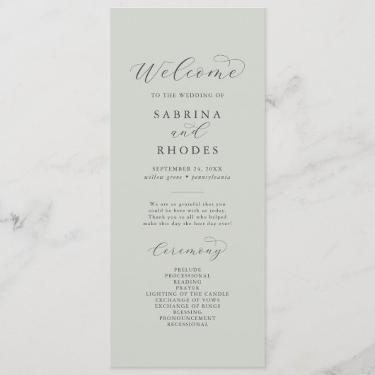 Elegant White Floral Coordinate Sage Mint Wedding Programmakaart (Voorkant)