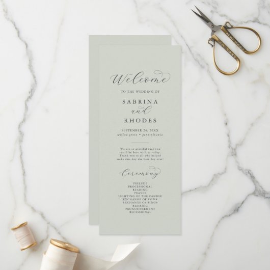 Elegant White Floral Coordinate Sage Mint Wedding Programmakaart (Voorkant / Achterkant in situ)