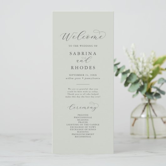 Elegant White Floral Coordinate Sage Mint Wedding Programmakaart (Staand voorkant)
