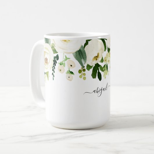 Elegant White Floral Custom Name Koffiemok (Voorkant links)