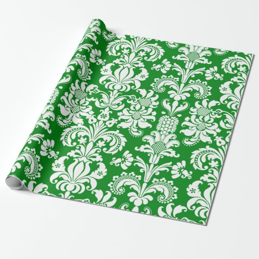 Elegant White Floral Damasgroen achtergrondpakket Cadeaupapier (Uitgerold)