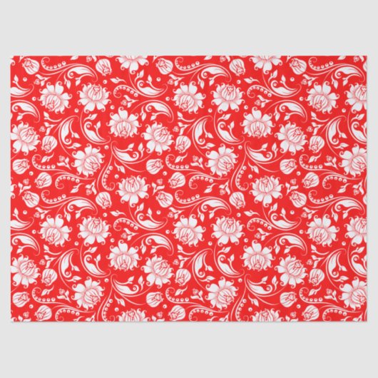 Elegant White Floral Damasover Red Background Tissuepapier (Voorkant)